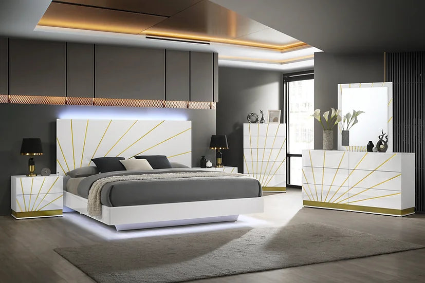 Safa White/Gold Gloss Platform Bedroom Set