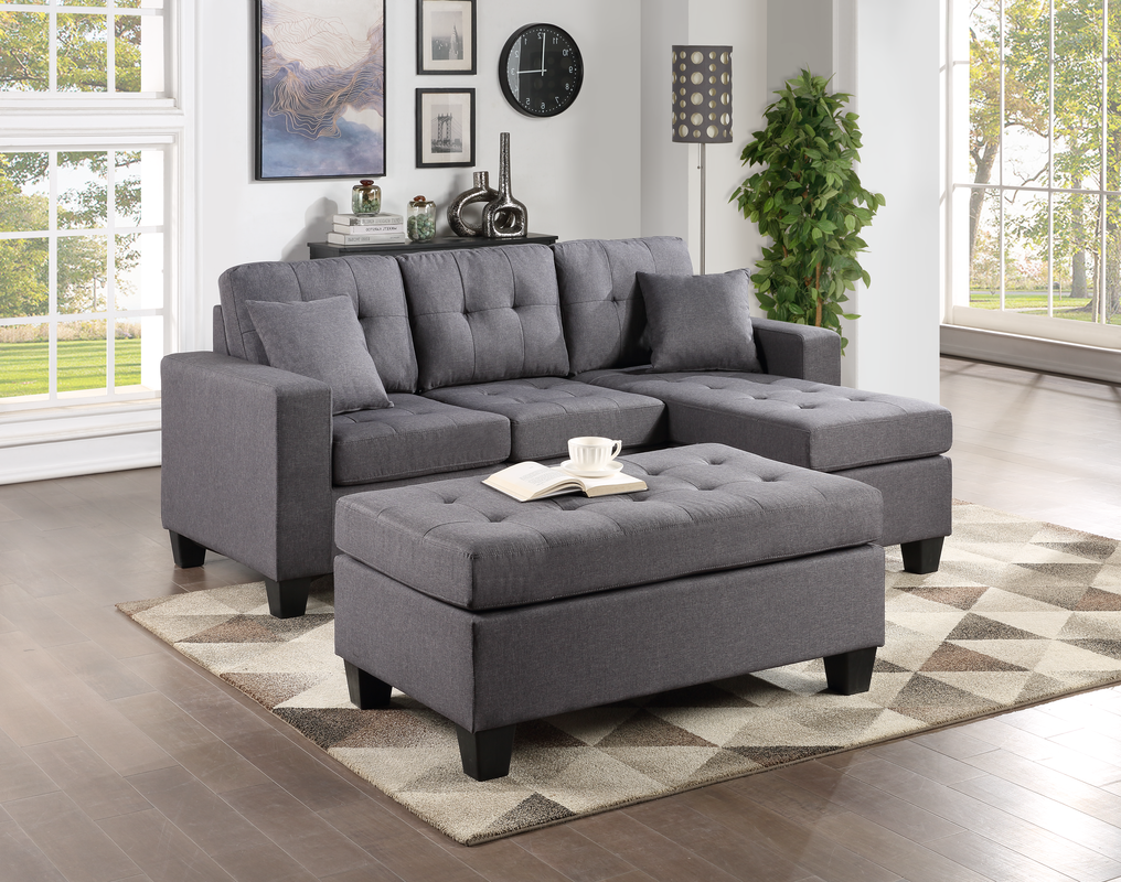 HH Naomi Grey Linen- Reversible Sectional & Ottoman