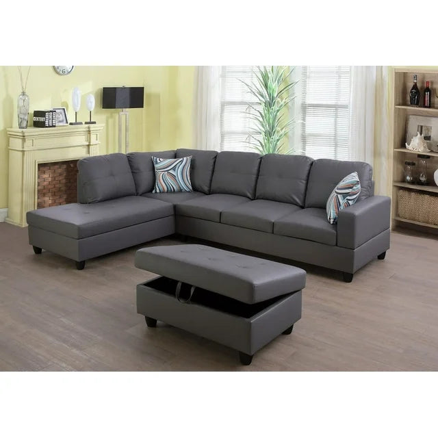 Dark Grey Faux Leather Sectional with Ottoman