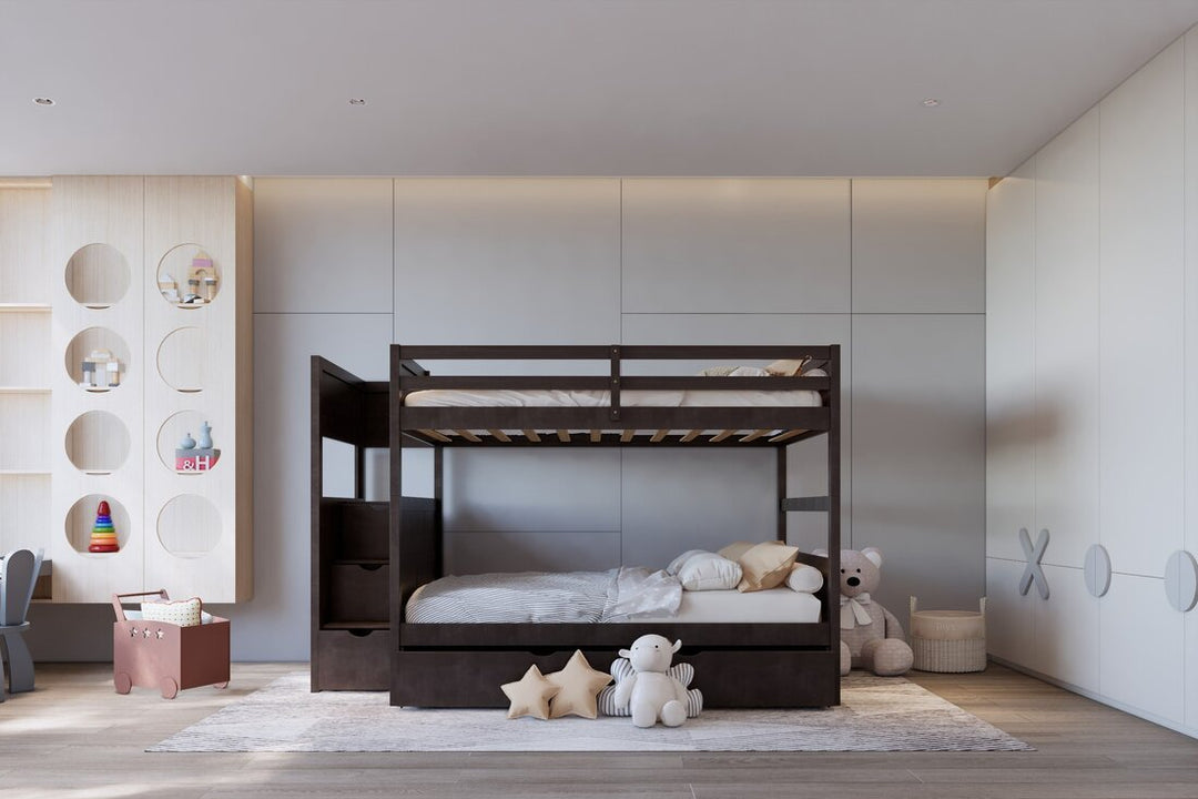 Espresso Full/Full Bunk Bed with Twin Trundle + Staircase Storage