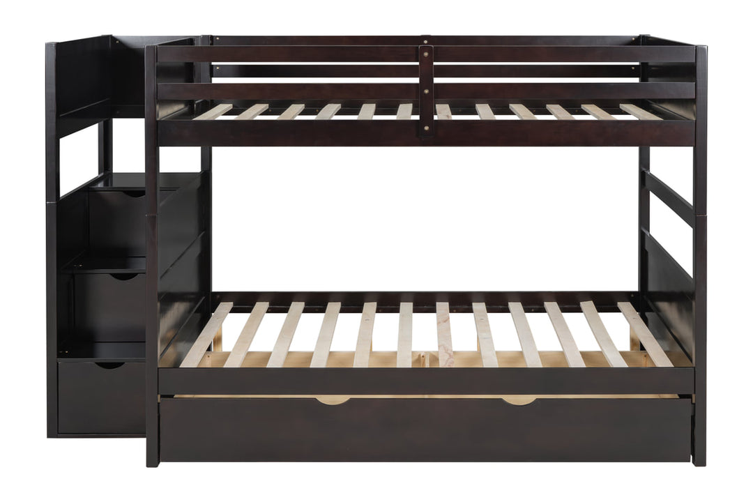 Espresso Full/Full Bunk Bed with Twin Trundle + Staircase Storage