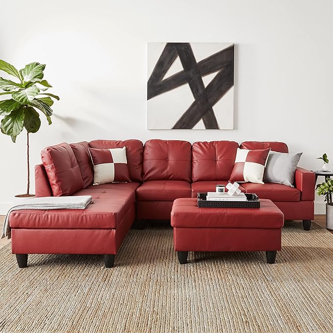 Red Faux Leather Sectional with Ottoman