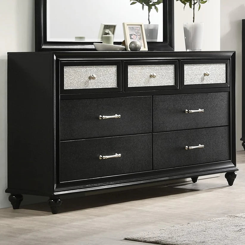 Lila Black Upholstered Panel Bedroom Set - King / 5-Piece (Bed | Dresser | Mirror | Nightstand | Chest) Lila Black Upholstered Panel Bedroom Set - King / 5-Piece (Bed | Dresser | Mirror | Nightstand | Chest)