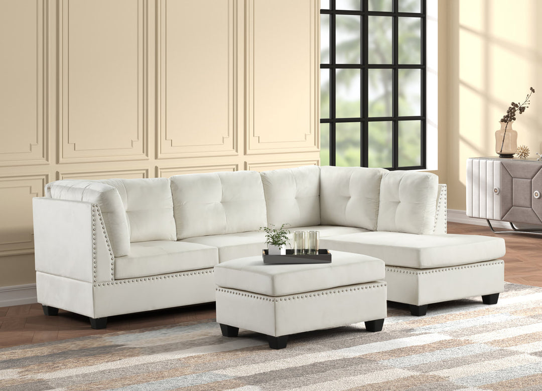 HH Sienna-Beige Velvet Sectional + Ottoman Set