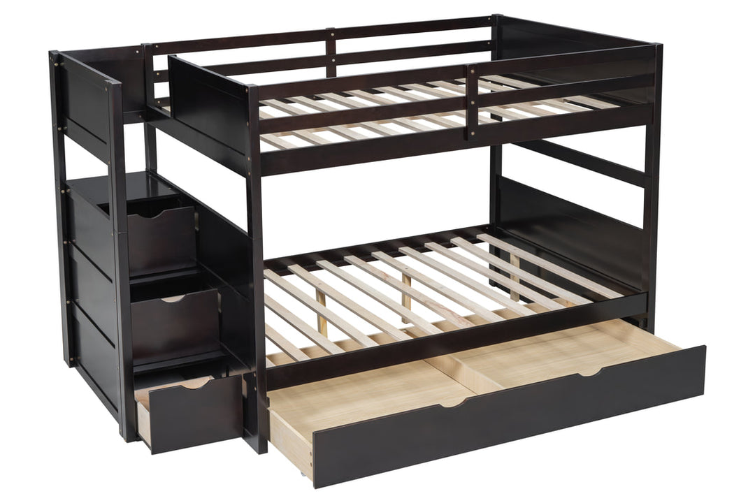 Espresso Full/Full Bunk Bed with Twin Trundle + Staircase Storage