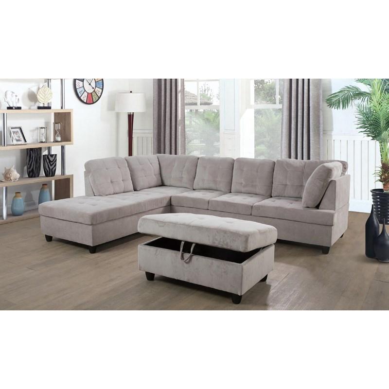 Grey White Corduroy Sectional with Ottoman