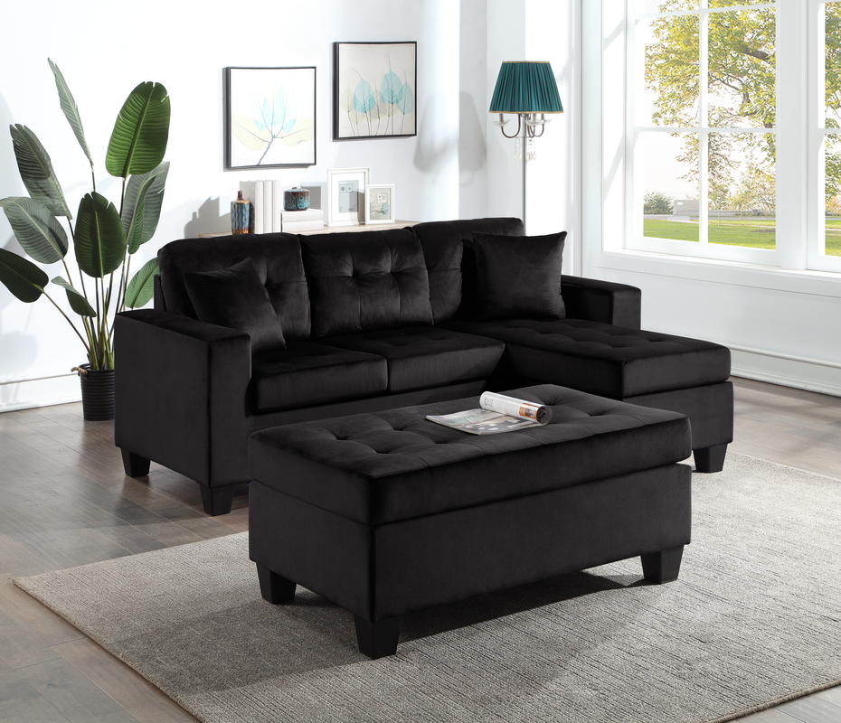 Naomi Black Velvet Reversible Sectional & Ottoman