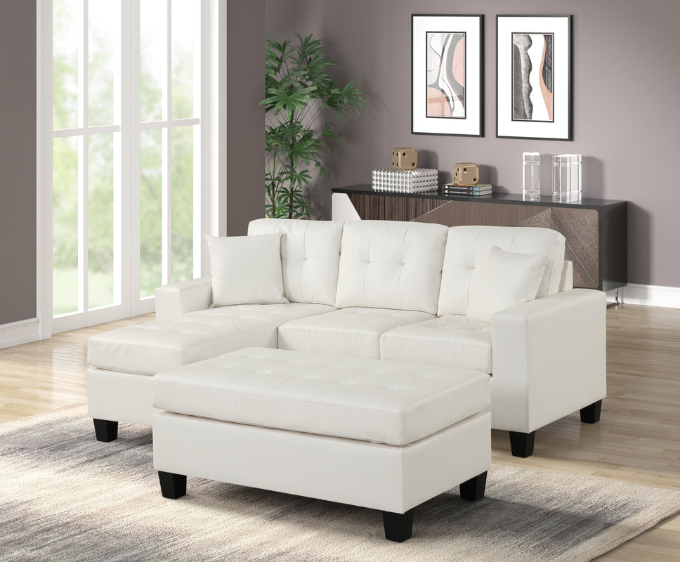 Naomi White PU Reversible Sectional & Ottoman