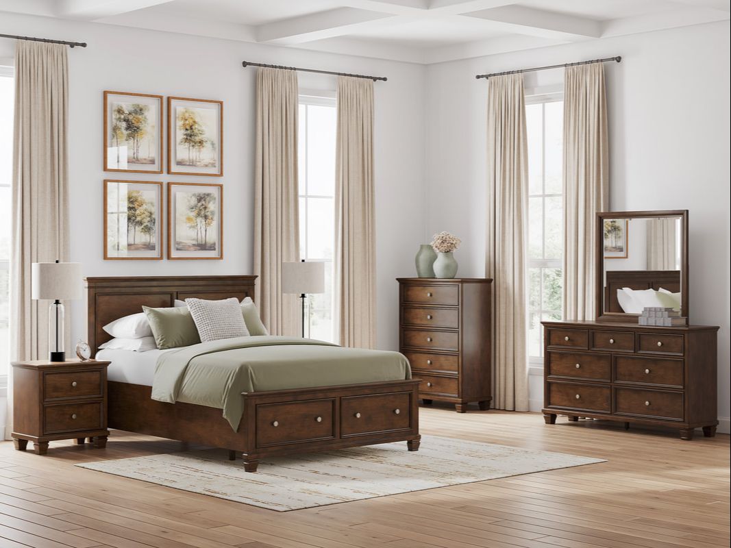 Brown 5-Piece Bedroom Set (Bed, Dresser, Mirror, Chest & Nightstand)