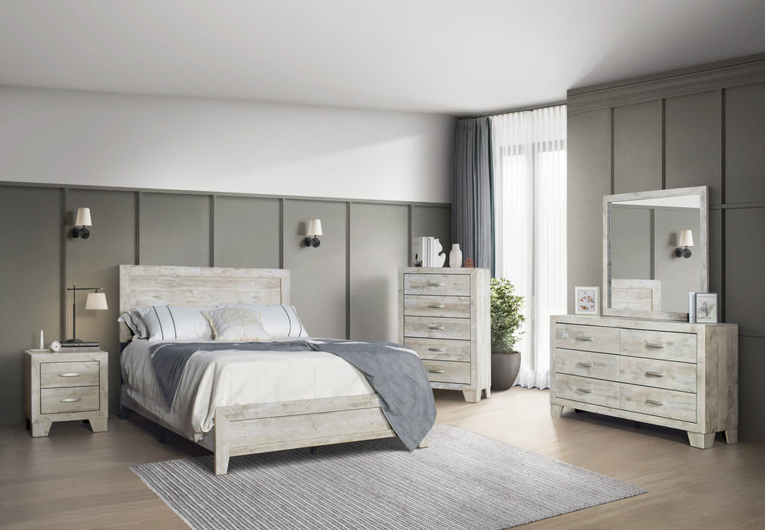 White Mist 5-Piece Bedroom Set (Bed, Dresser, Mirror, Chest & Nightstand)