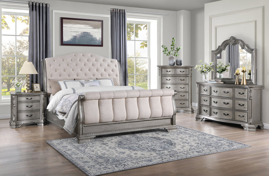 Antique Silver 4-Piece Bedroom Set (Bed, Dresser, Mirror, & Nightstand)