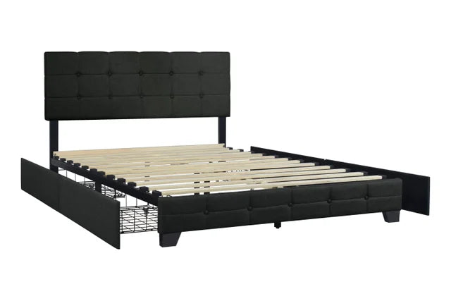 Black Linen Platform Bed with Side Drawer Storage.