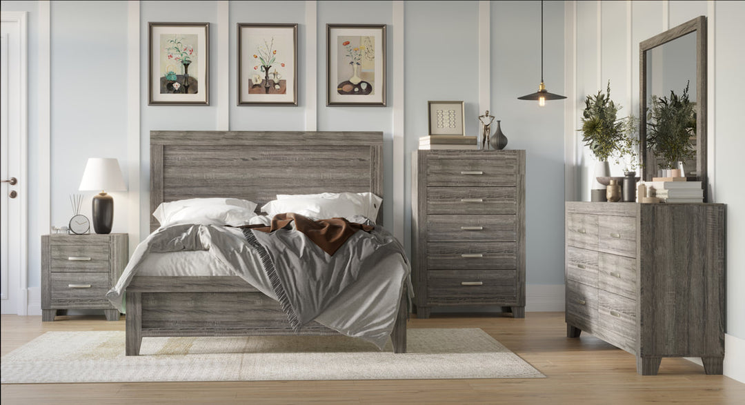 Grey 5-Piece Bedroom Set (Bed, Dresser, Mirror, Chest & Nightstand)