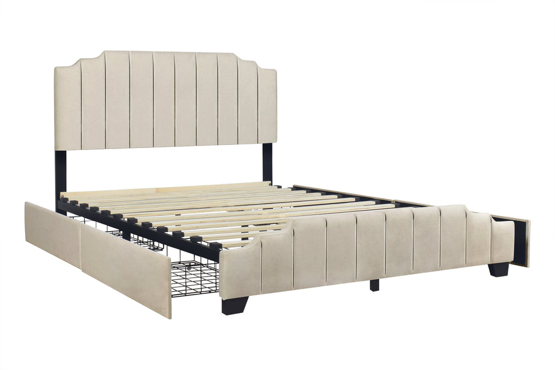 Beige Platform Bed with Side Drawer Storage.