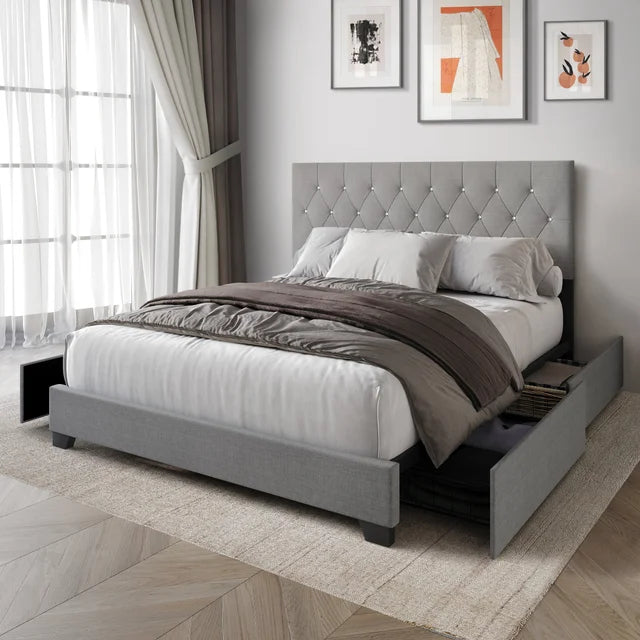 Gray Linen Platform Bed with Side Drawer Storage.