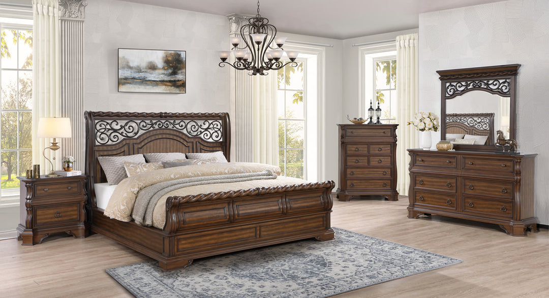 Brown 5-Piece Bedroom Set (Bed, Dresser, Mirror, Chest & Nightstand)