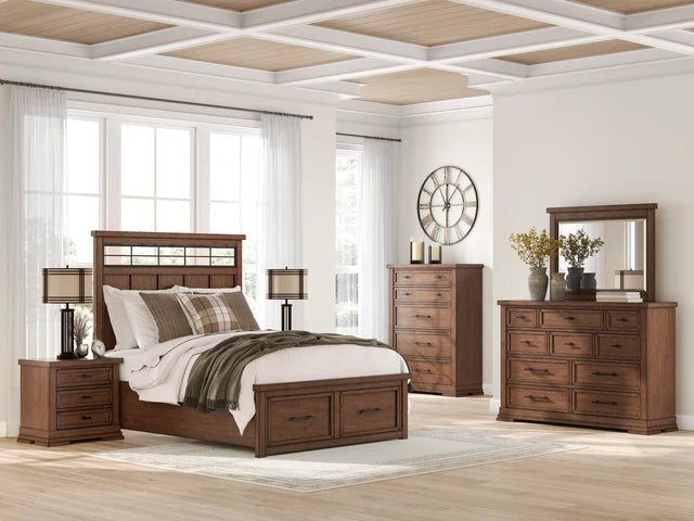 Brown 5-Piece Bedroom Set (Bed, Dresser, Mirror, Chest & Nightstand)