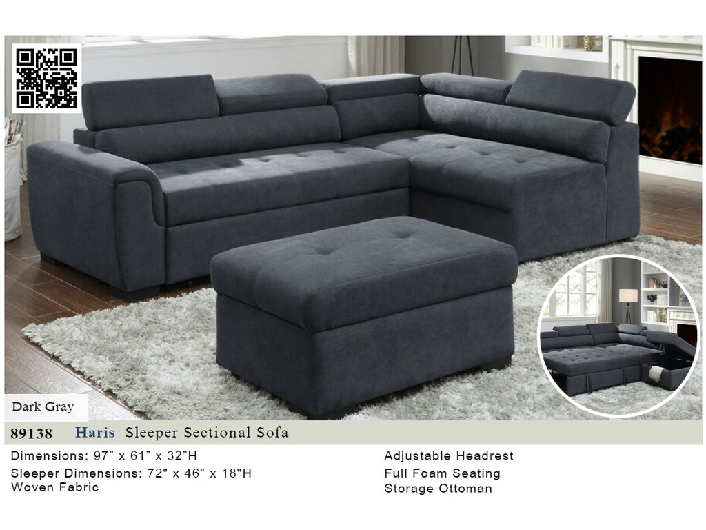 Haris Dark Gray Fabric Sleeper Sofa Sectional with Ottoman