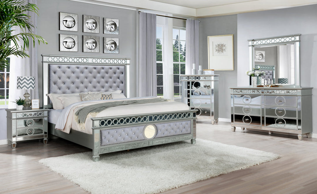 Gray Velvet 4-Piece Bedroom Set (Bed, Dresser, Mirror, & Nightstand)