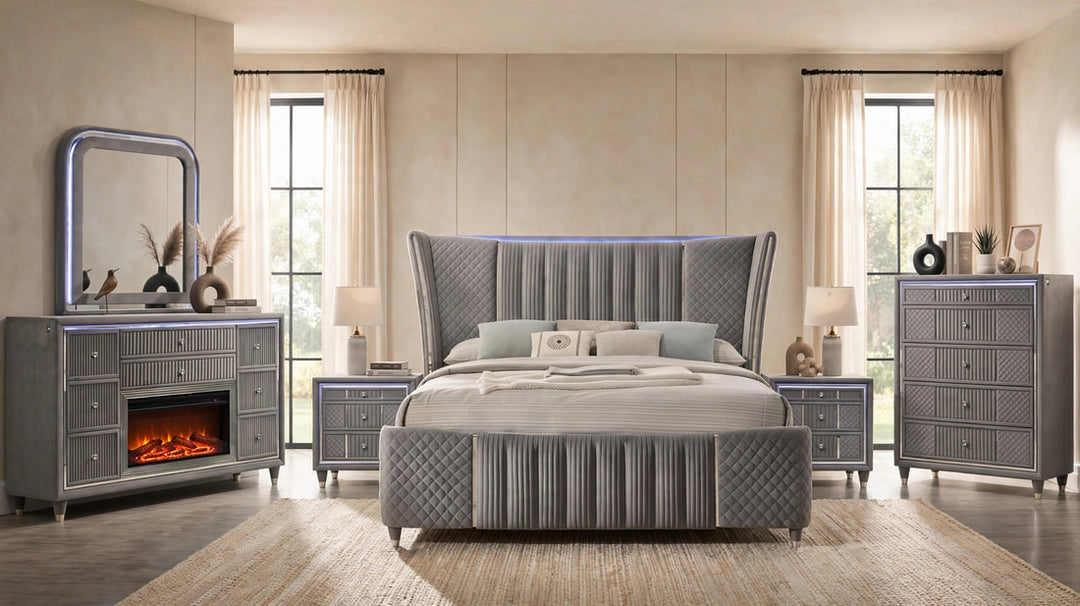 Cleopatra Grey 4-Piece Bedroom Set (Bed, Dresser, Mirror, & Nightstand)