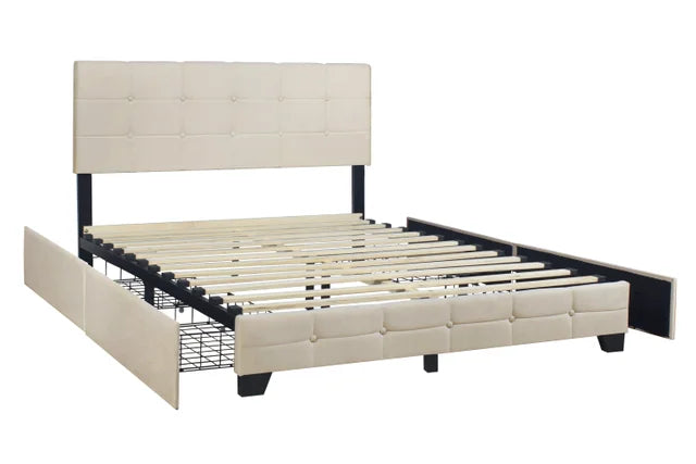 Beige Linen Platform Bed with Side Drawer Storage.