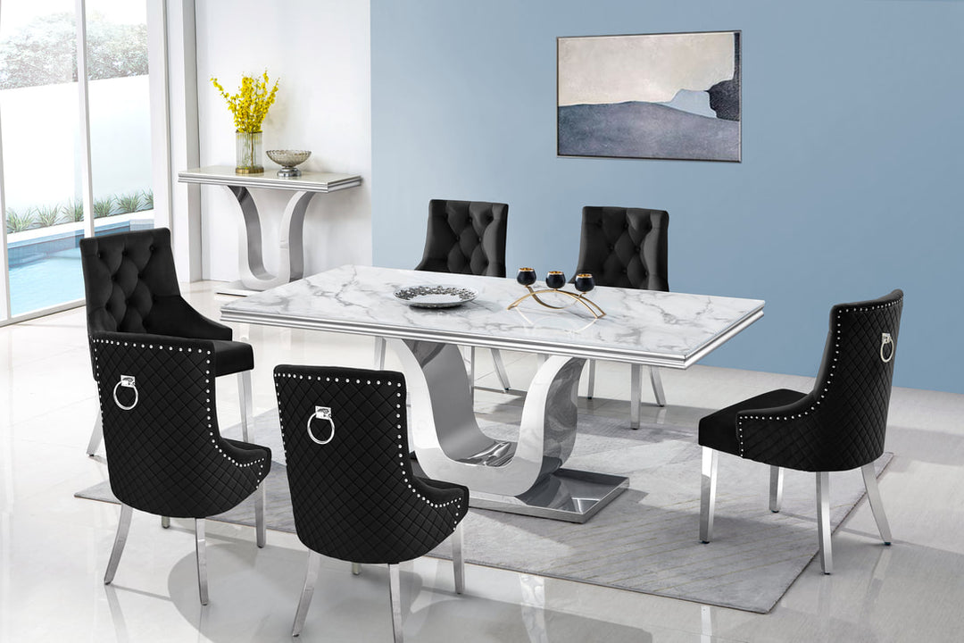 Ornate Black Genuine Marble 7-Piece Dining Set