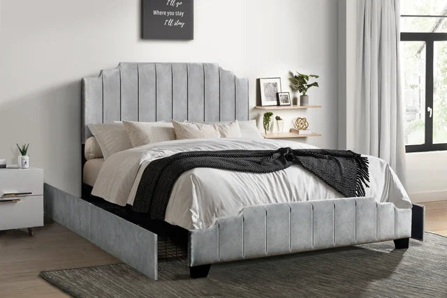 Gray Platform Bed with Side Drawer Storage.