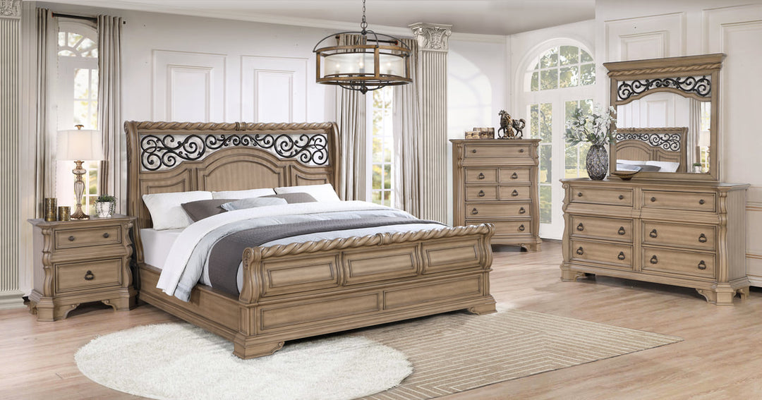 Light Brown 5-Piece Bedroom Set (Bed, Dresser, Mirror, Chest & Nightstand)