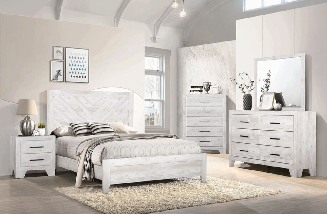 White Mist 5-Piece Bedroom Set (Bed, Dresser, Mirror, Chest & Nightstand)