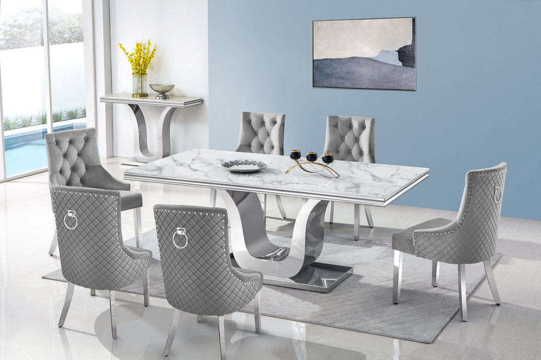 Ornate Grey Genuine Marble 7-Piece Dining Set