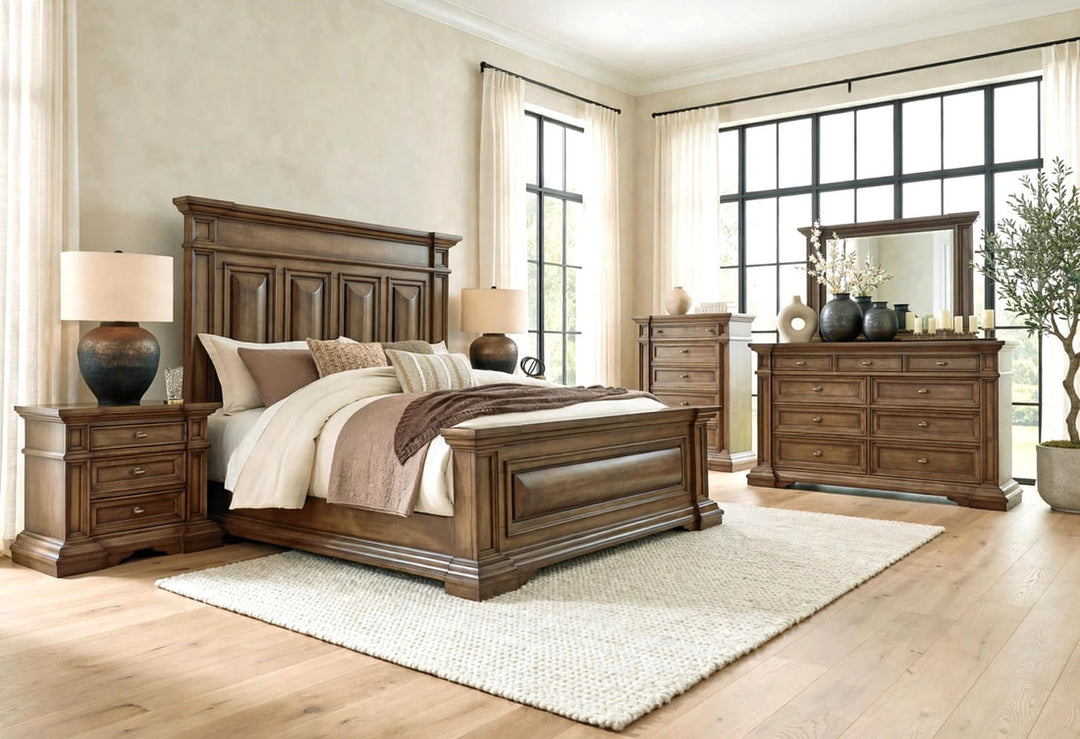 Brown 5-Piece Bedroom Set (Bed, Dresser, Mirror, Chest & Nightstand)