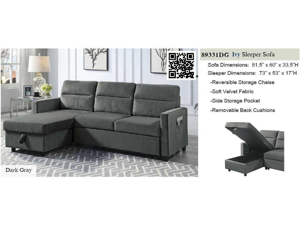 Ivy Velvet Reversible Sleeper Sectional Sofa