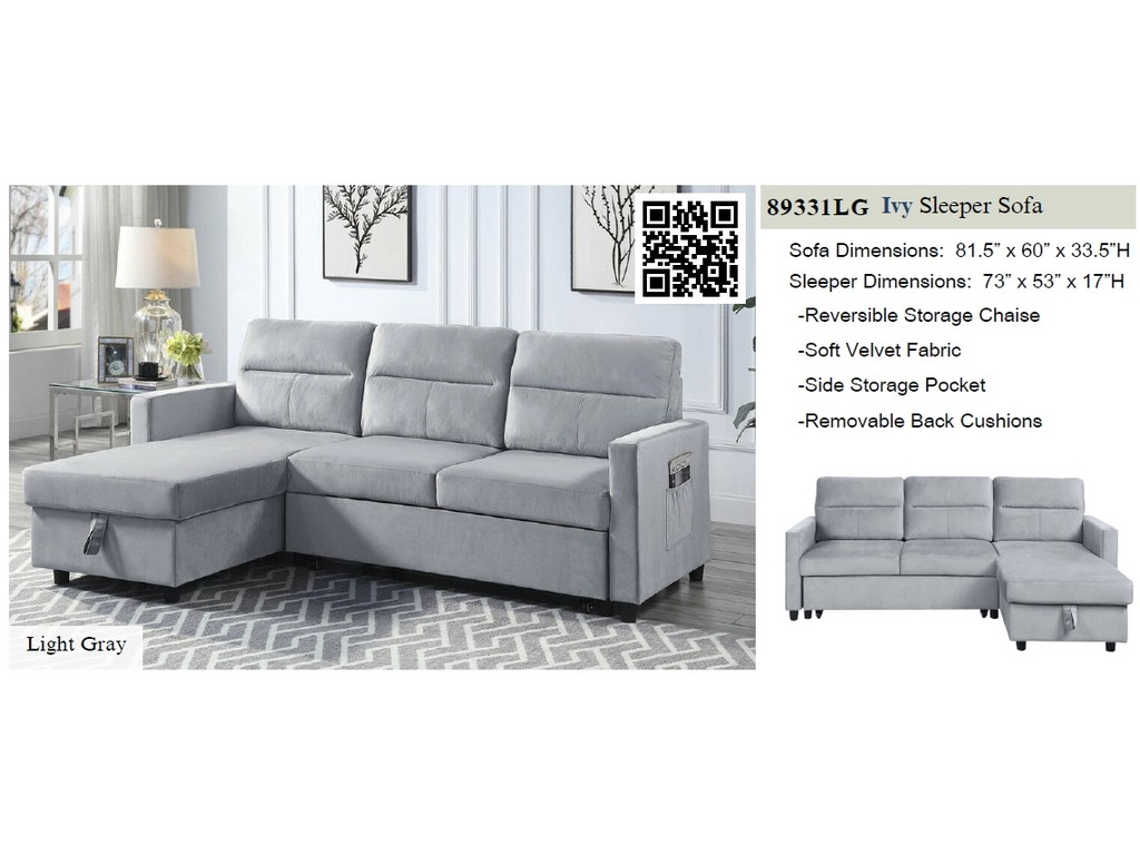 Ivy Light Gray Sleeper Sectional Sofa