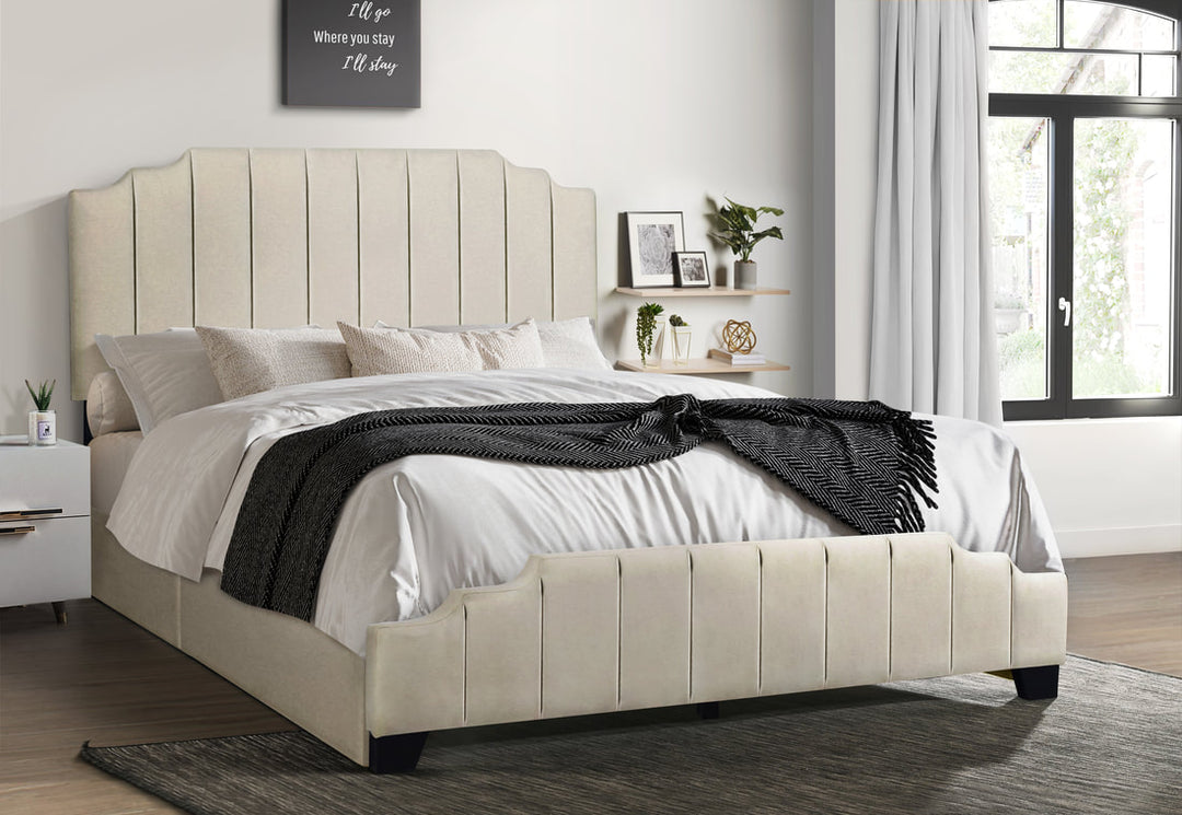 Beige Platform Bed with Side Drawer Storage.