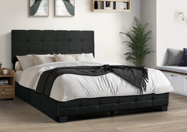 Black Linen Platform Bed with Side Drawer Storage.