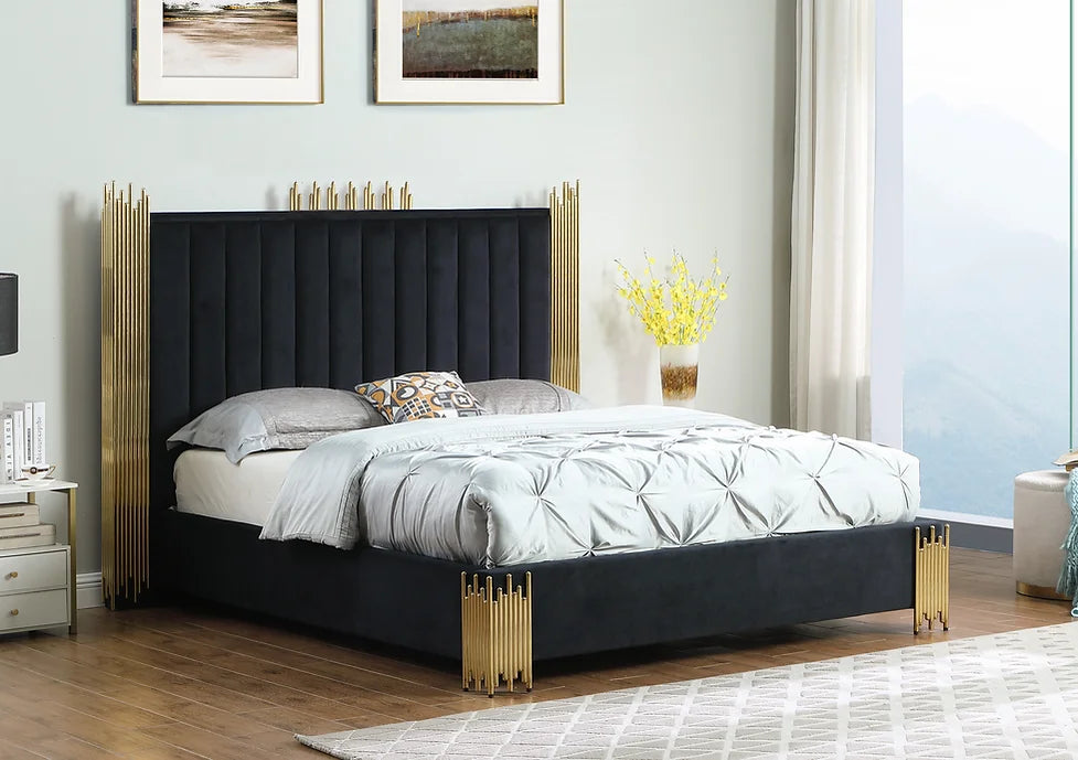 Token Black/Gold Velvet Platform Bed