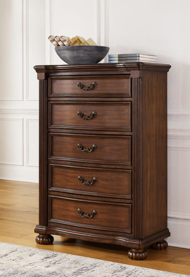 Brown 5-Piece Bedroom Set (Bed, Dresser, Mirror, Chest & Nightstand)