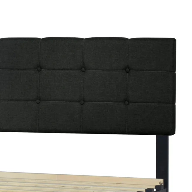 Black Linen Platform Bed with Side Drawer Storage.