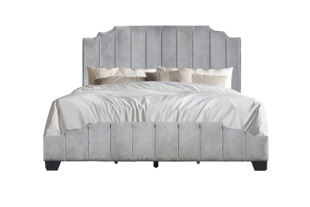 Gray Platform Bed with Side Drawer Storage.