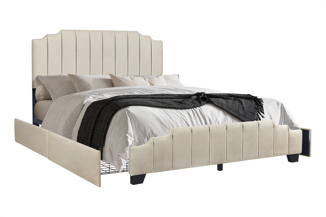 Beige Platform Bed with Side Drawer Storage.