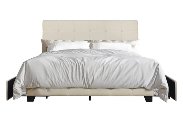 Beige Linen Platform Bed with Side Drawer Storage.