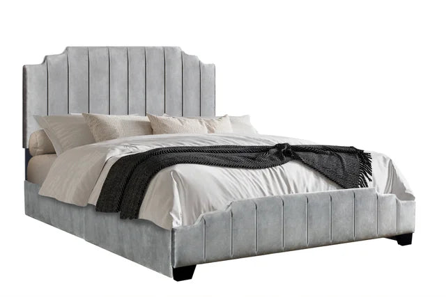 Gray Platform Bed with Side Drawer Storage.