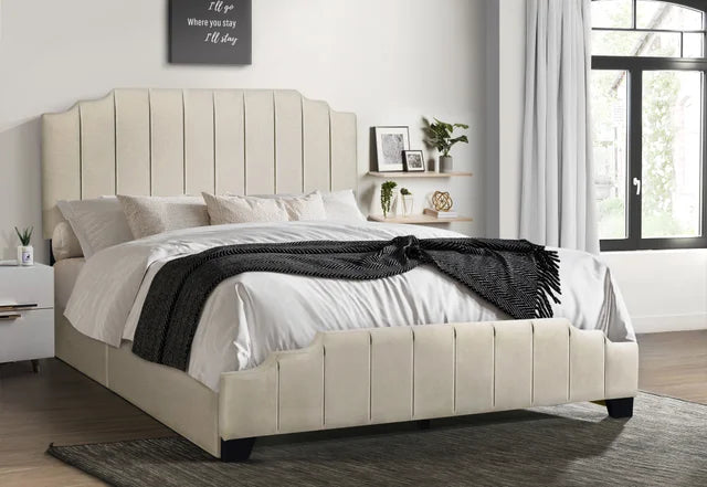 Beige Platform Bed with Side Drawer Storage.