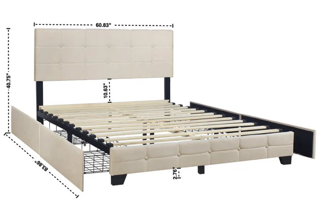 Beige Linen Platform Bed with Side Drawer Storage.