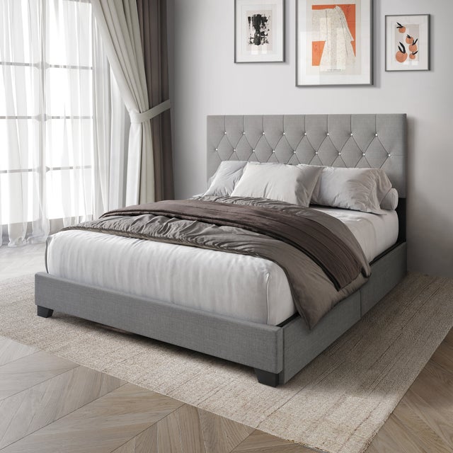 Gray Linen Platform Bed with Side Drawer Storage.