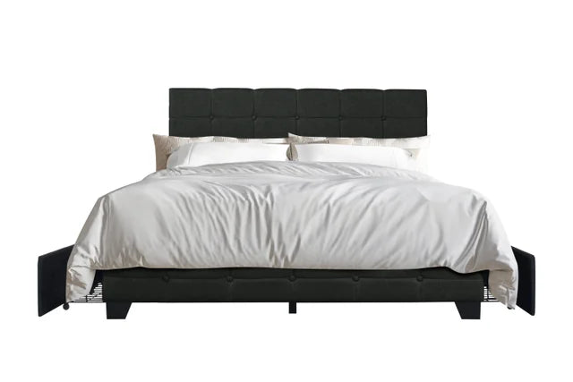 Black Linen Platform Bed with Side Drawer Storage.