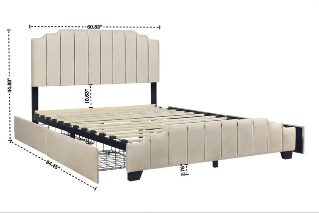 Beige Platform Bed with Side Drawer Storage.