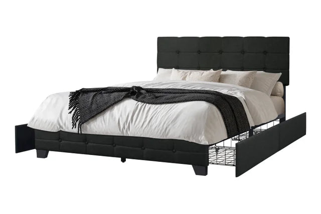 Black Linen Platform Bed with Side Drawer Storage.