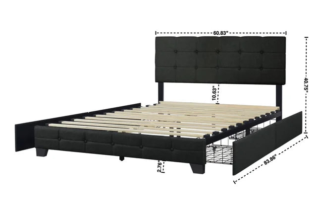 Black Linen Platform Bed with Side Drawer Storage.