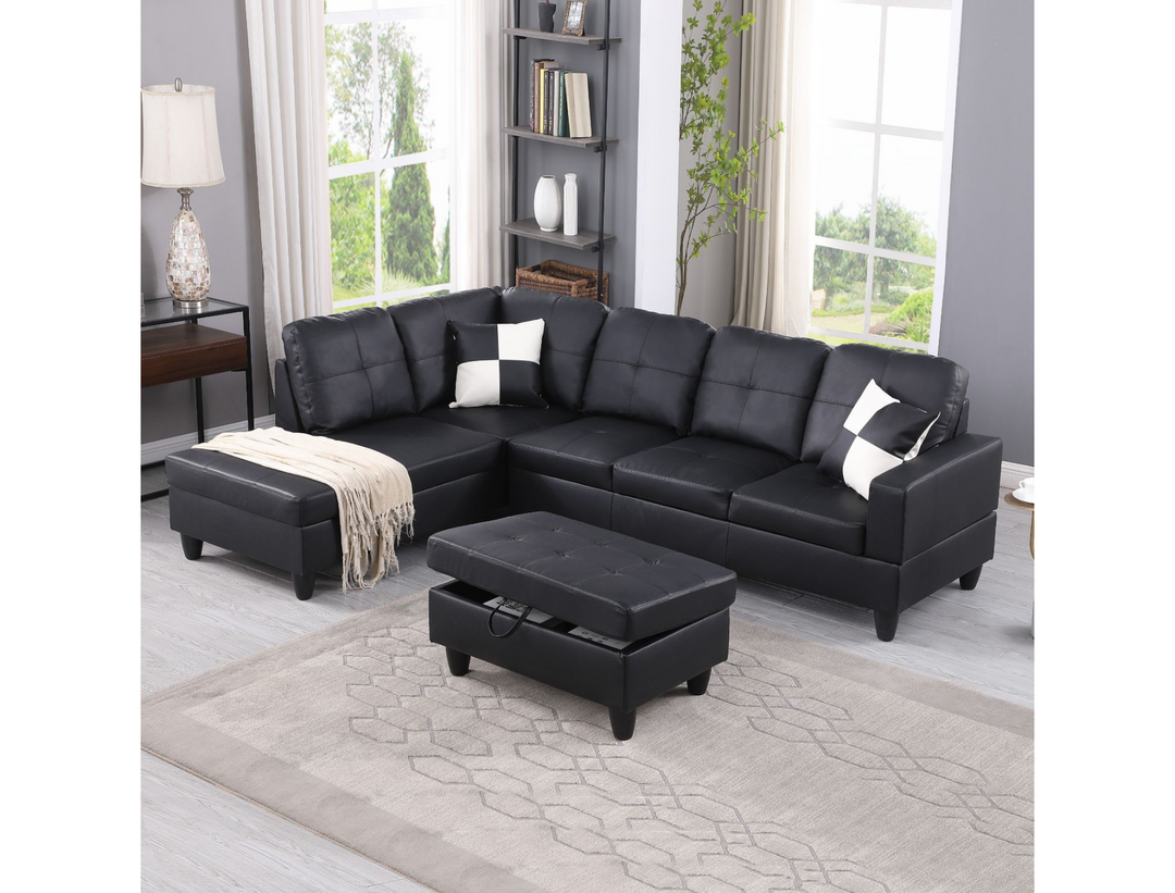 Black Faux Leather Sectional with Ottoman